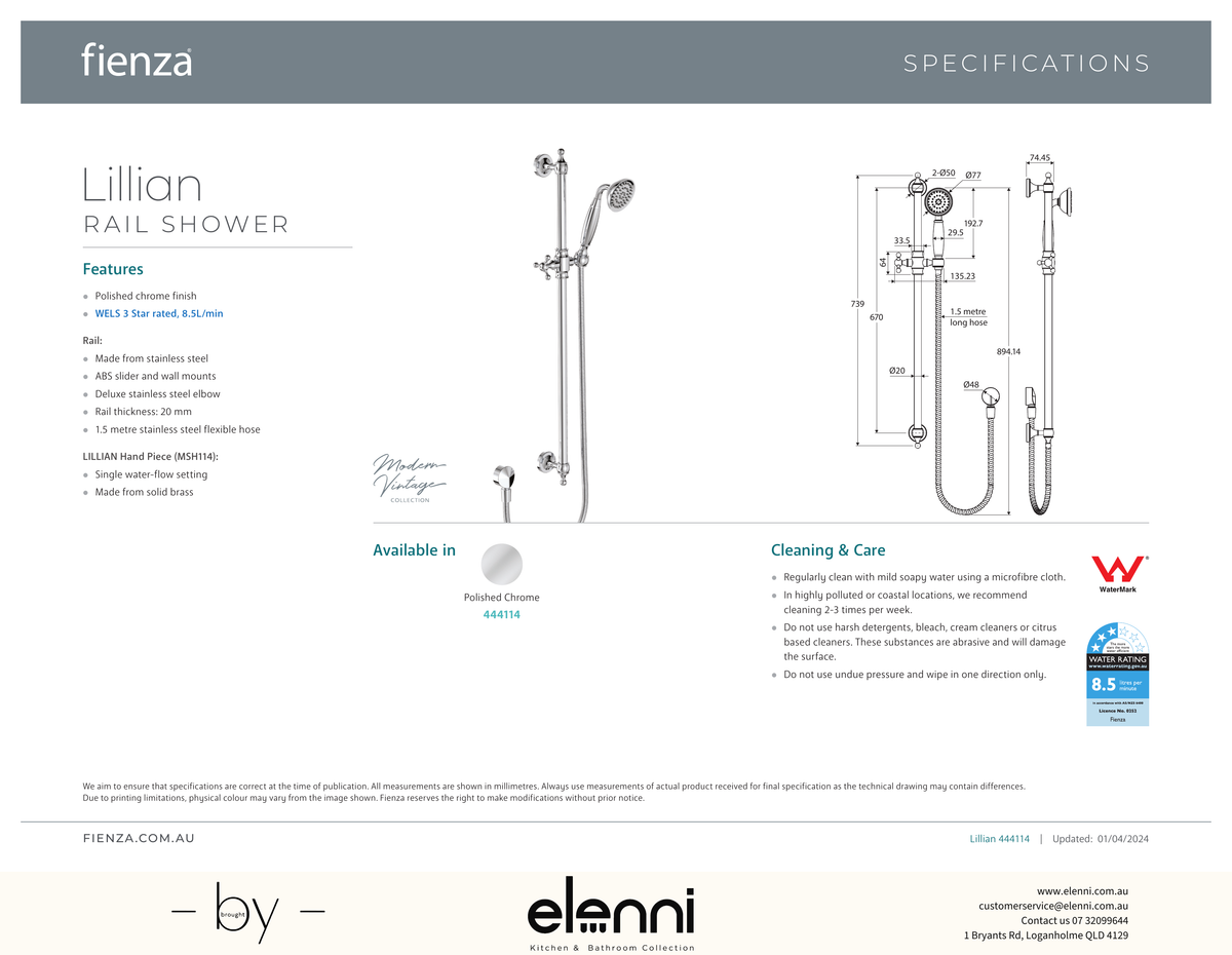 Lillian Rail Shower - Spec sheet