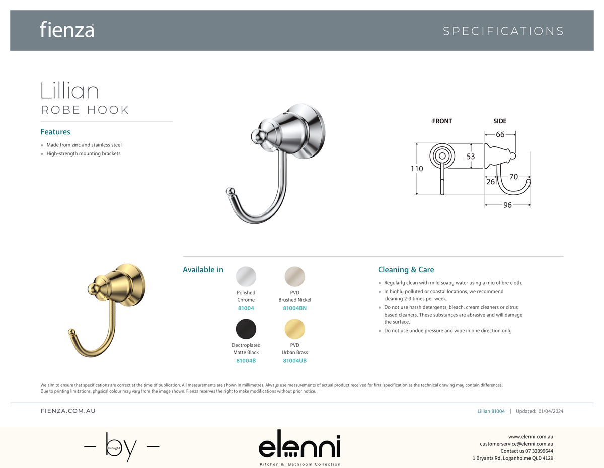 Lillian Robe Hook - Spec sheet