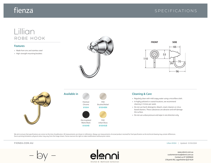 Lillian Robe Hook - Spec sheet