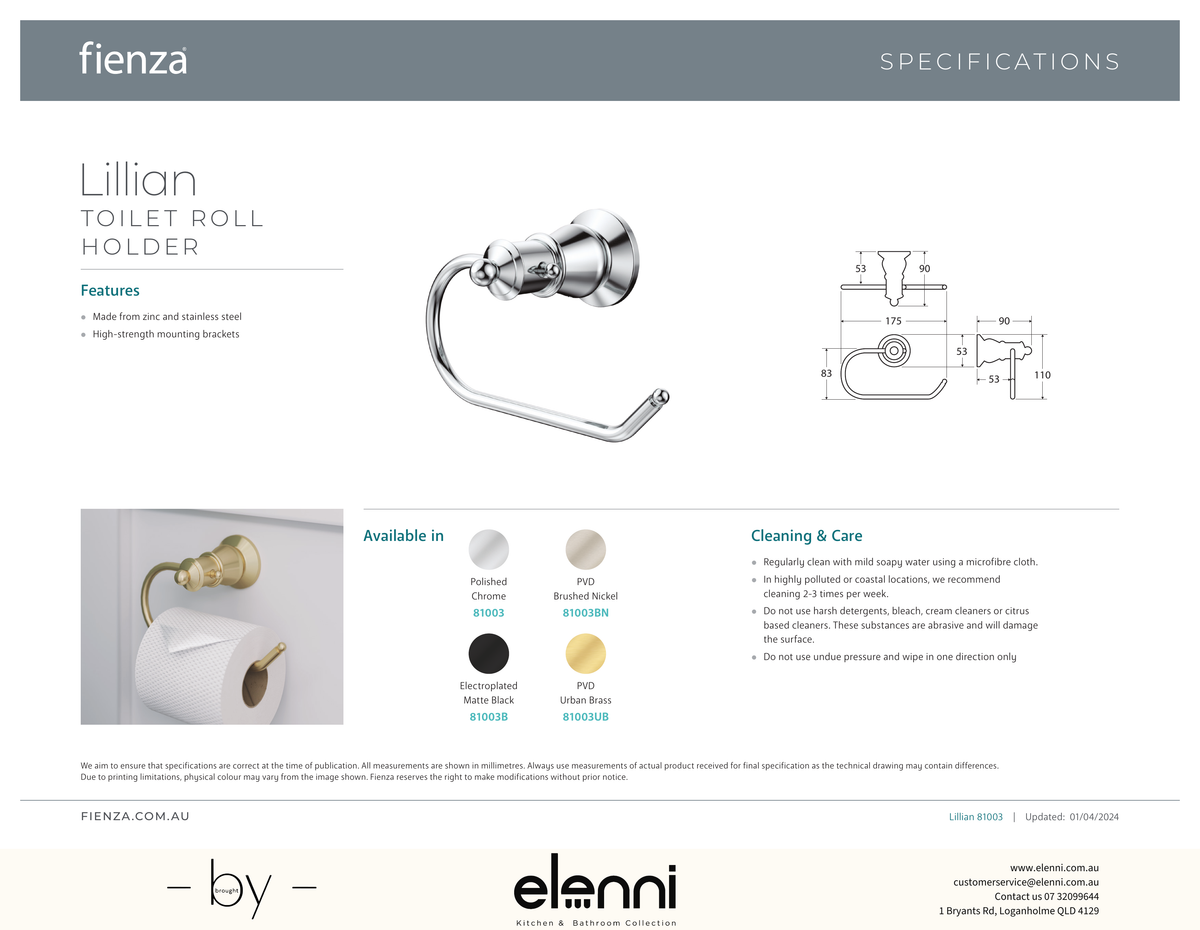 Lillian Toilet Roll Holder - Spec sheet