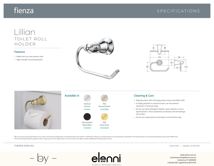 Lillian Toilet Roll Holder - Spec sheet
