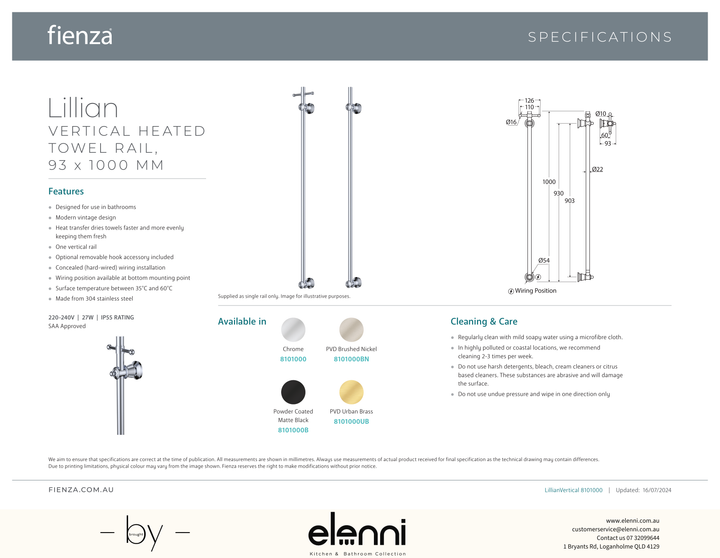 Lillian Vertical Heated Towel Rail, 93 x 1000mm - Spec sheet