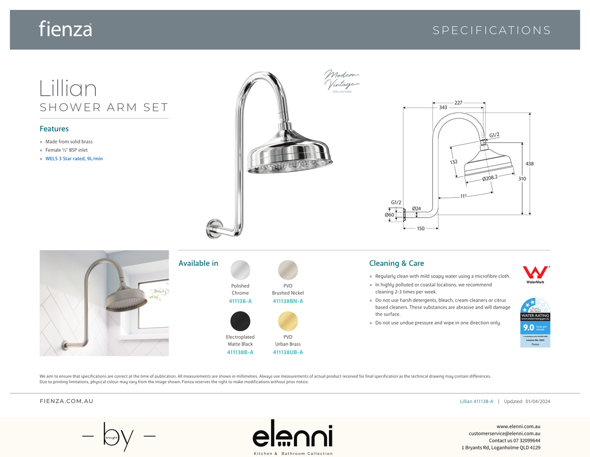 Lillian Wall Arm Shower Set - Spec sheet