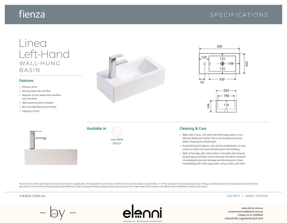 Linea Left-Hand Wall Basin - Elenni specification drawing