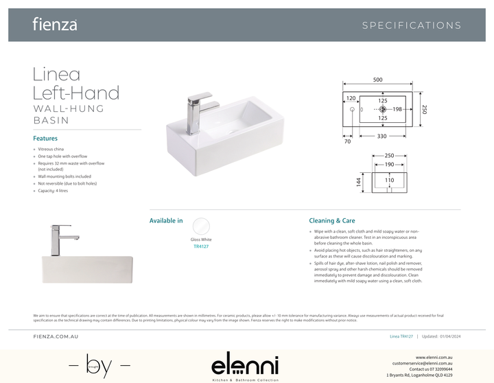 Linea Left-Hand Wall Basin - Elenni specification drawing