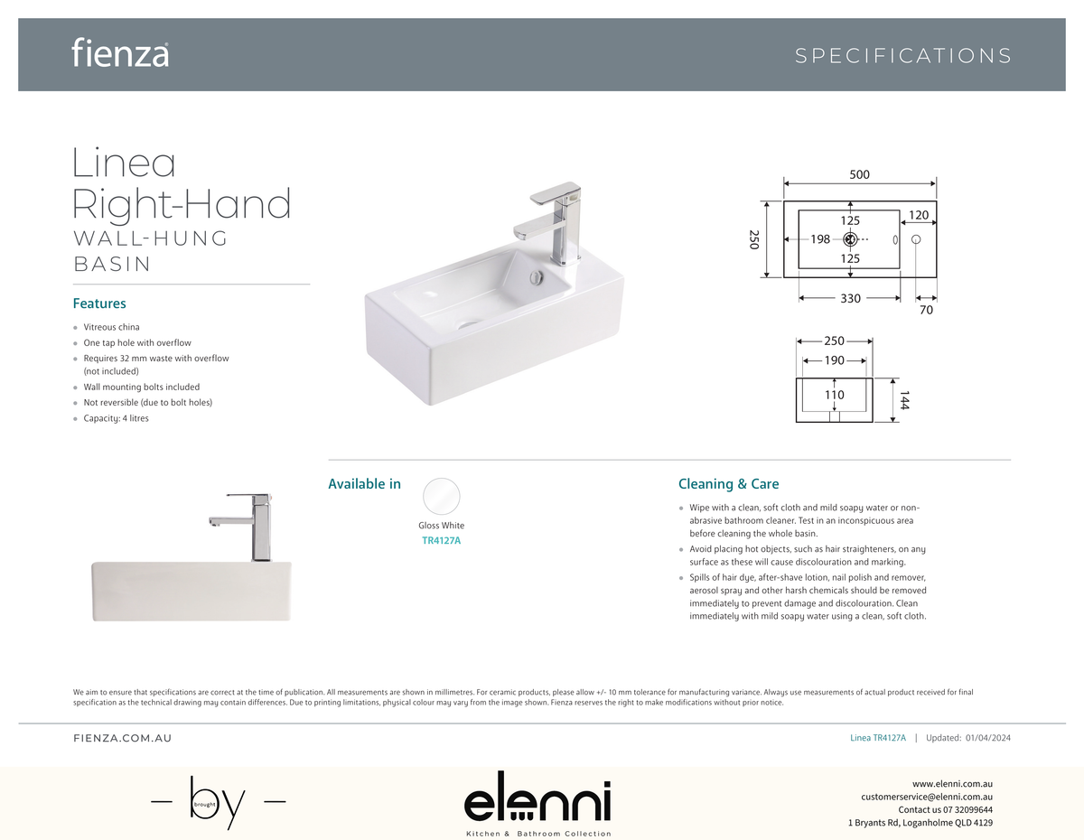 Linea Right-Hand Wall Basin - Elenni specification drawing