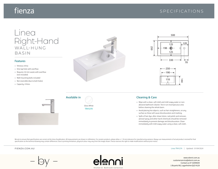 Linea Right-Hand Wall Basin - Elenni specification drawing