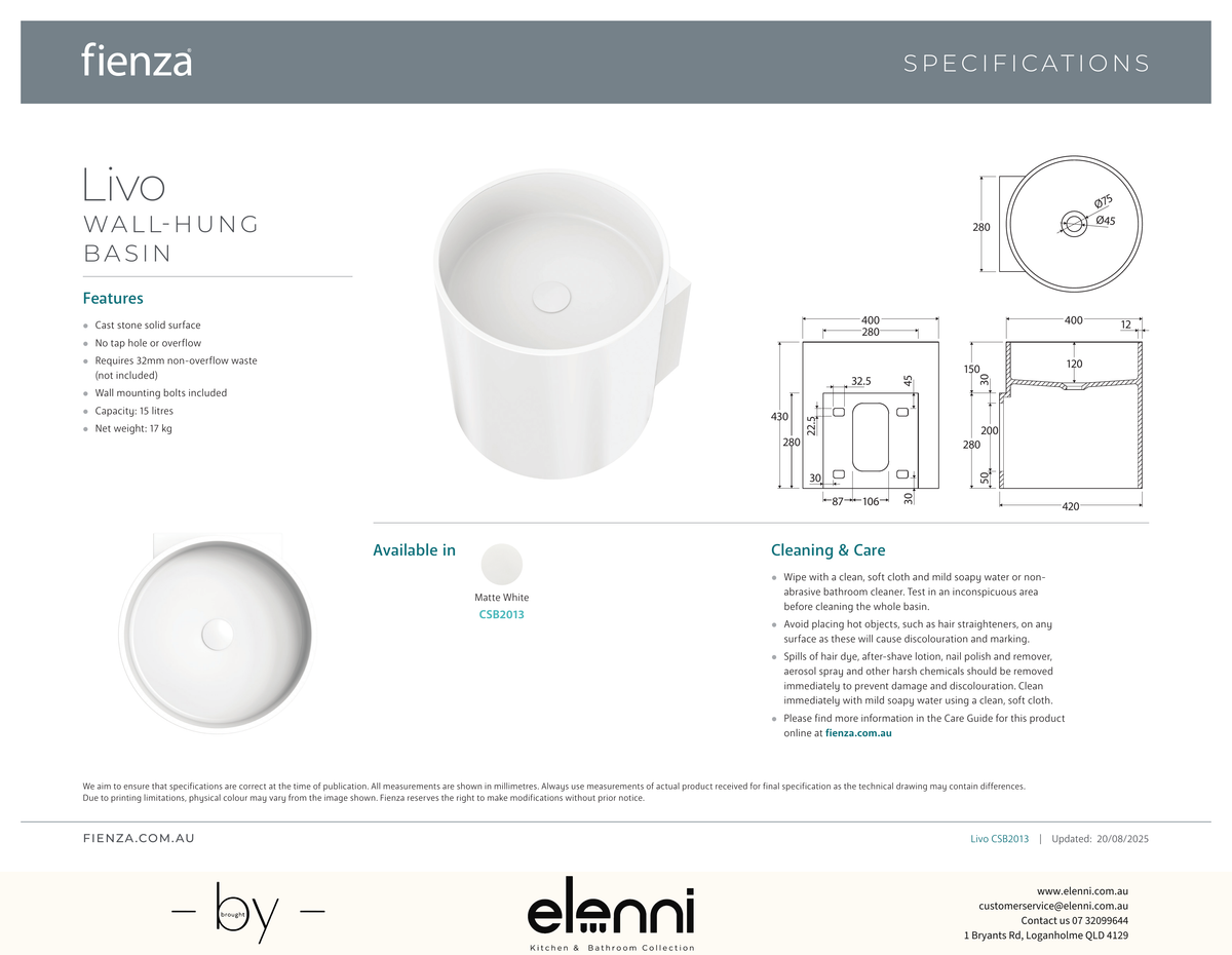 Livo Solid Surface Wall Basin - Elenni specification drawing