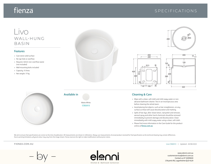 Livo Solid Surface Wall Basin - Elenni specification drawing