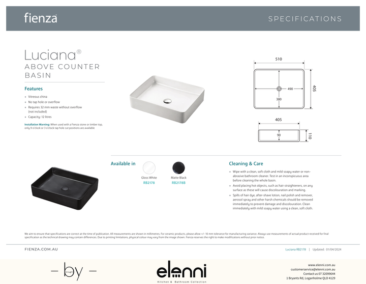 Luciana Above Counter Basin - Elenni specification drawing