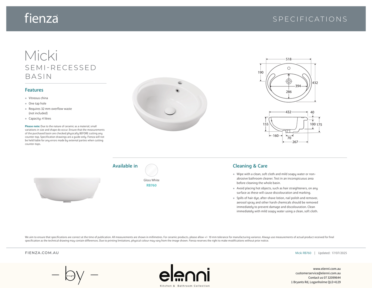 Micki Semi-Recessed Basin - Elenni specification drawing