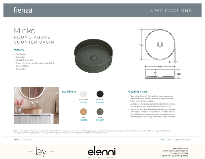 Minka Round Solid Surface Above Counter Basin - Elenni specification drawing