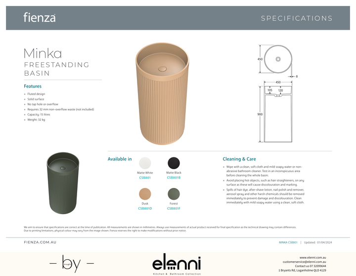 Minka Solid Surface Freestanding Basin - Elenni specification drawing
