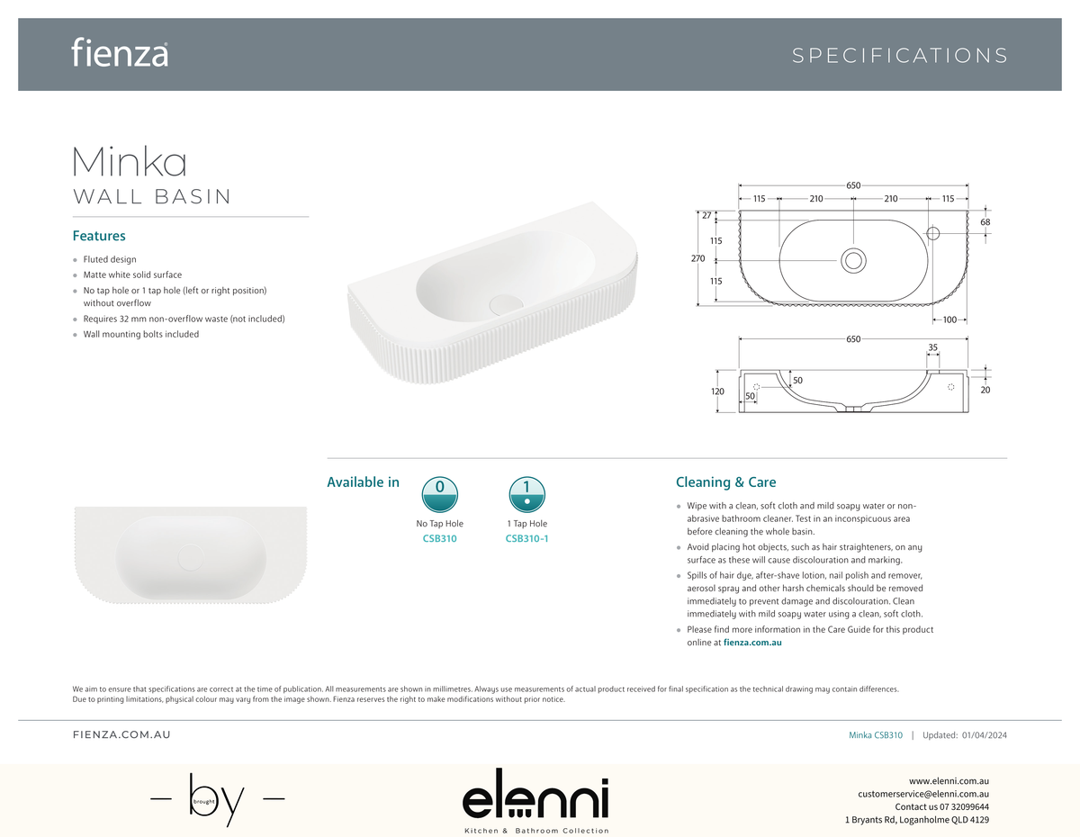 Minka Solid Surface Wall Basin - Elenni specification drawing