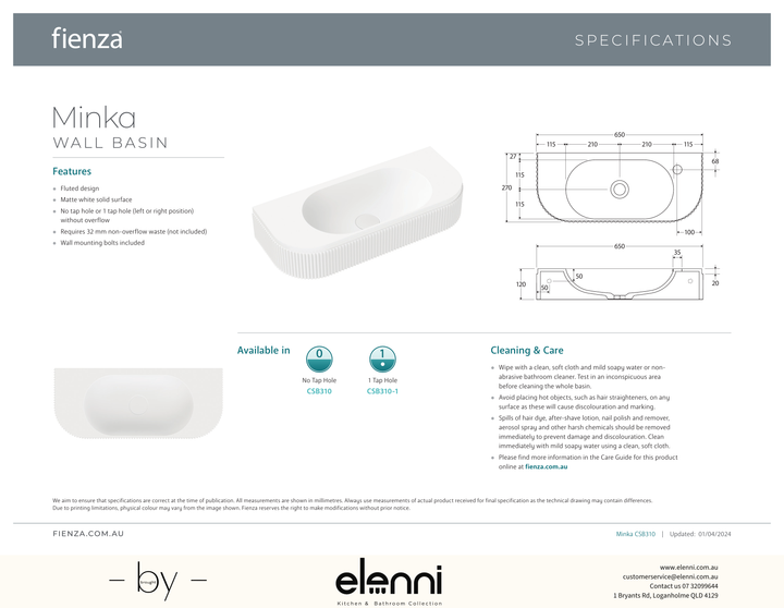 Minka Solid Surface Wall Basin - Elenni specification drawing