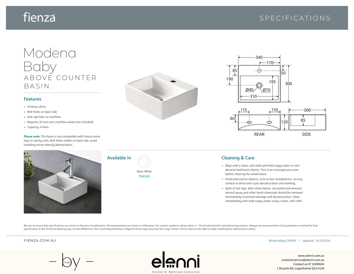 Modena Baby Above Counter Basin - Elenni specification drawing