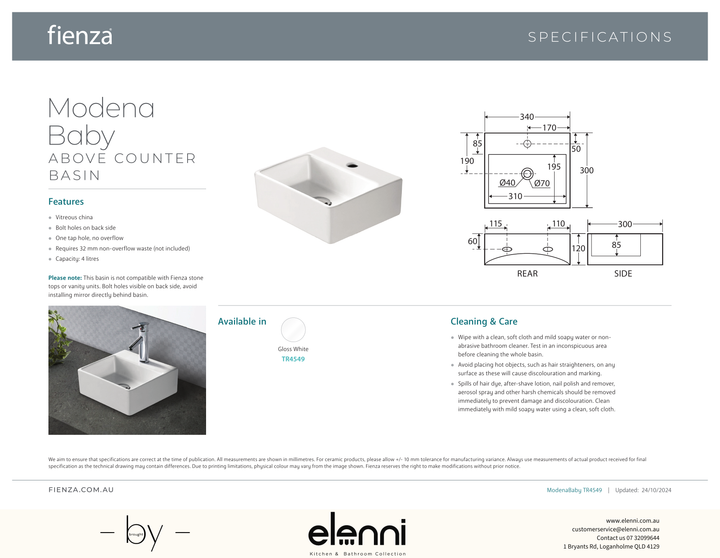Modena Baby Above Counter Basin - Elenni specification drawing