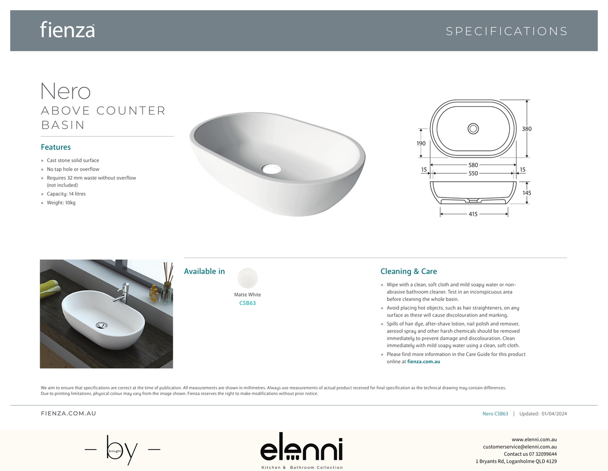 Nero Solid Surface Above Counter Basin - Elenni specification drawing