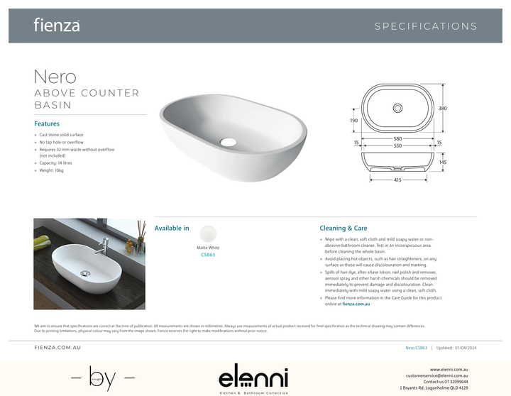 Nero Solid Surface Above Counter Basin - Elenni specification drawing