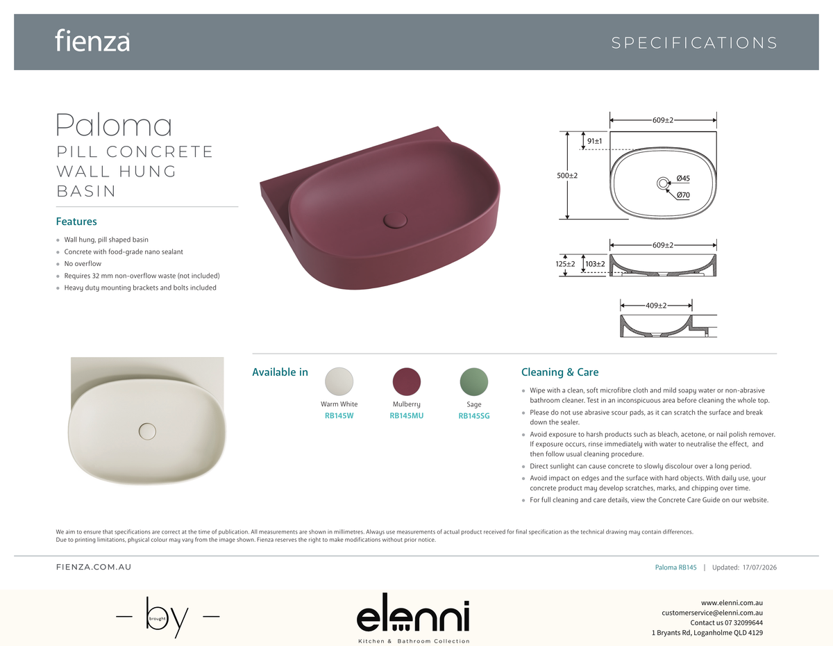 Paloma Pill Concrete Wall Hung Basin - Elenni specification drawing