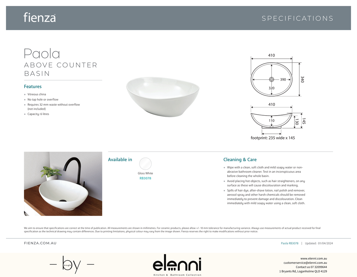 Paola Above Counter Basin - Elenni specification drawing