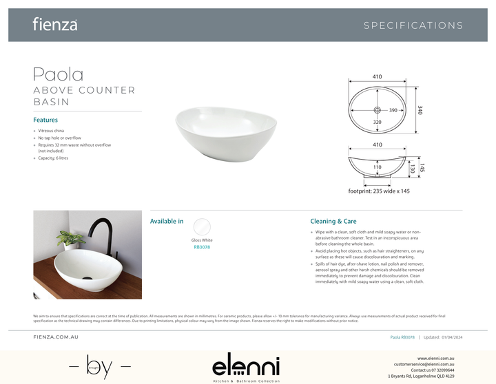 Paola Above Counter Basin - Elenni specification drawing