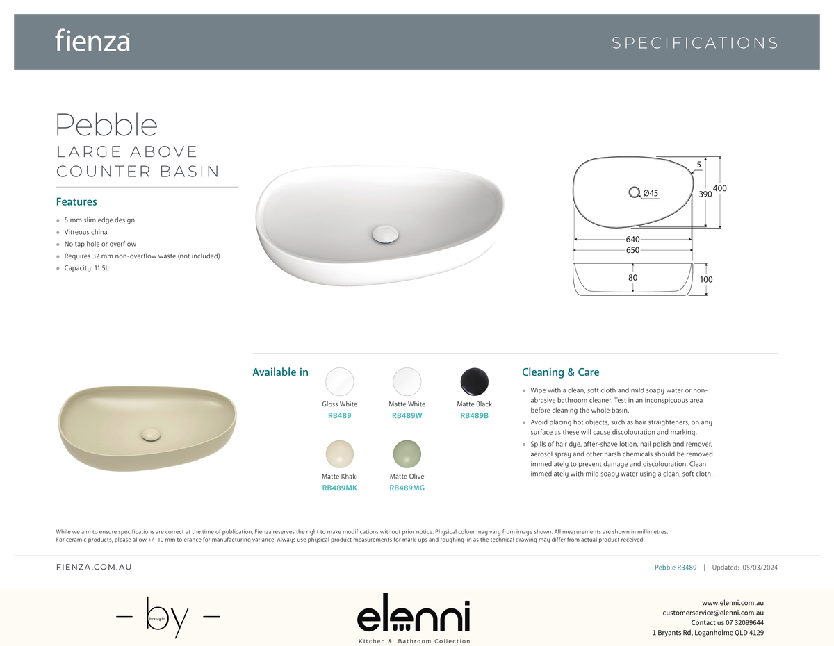 Pebble Large Above Counter Basin - Elenni specification drawing