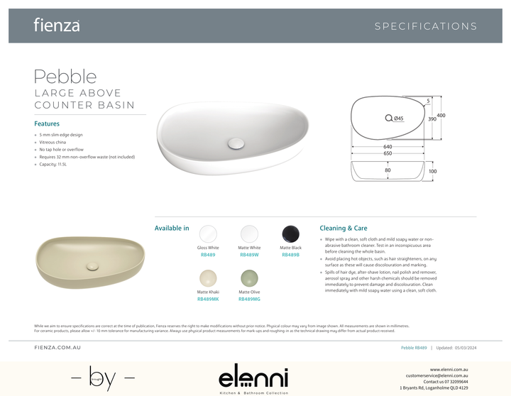 Pebble Large Above Counter Basin - Elenni specification drawing