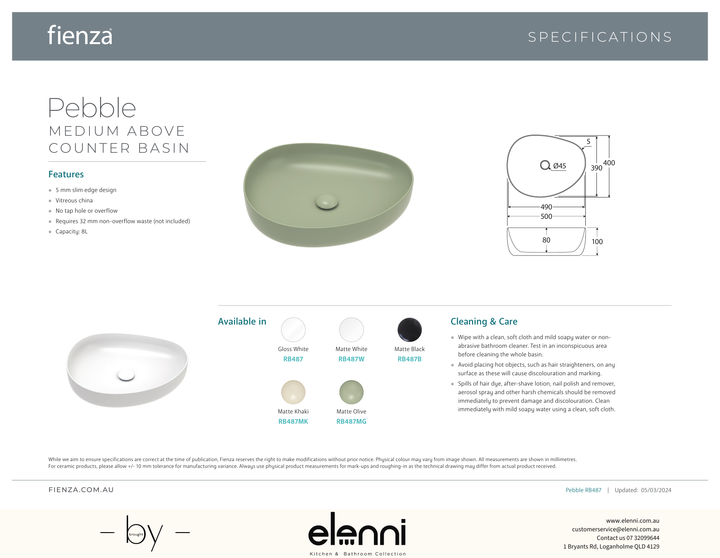 Pebble Medium Above Counter Basin - Elenni specification drawing
