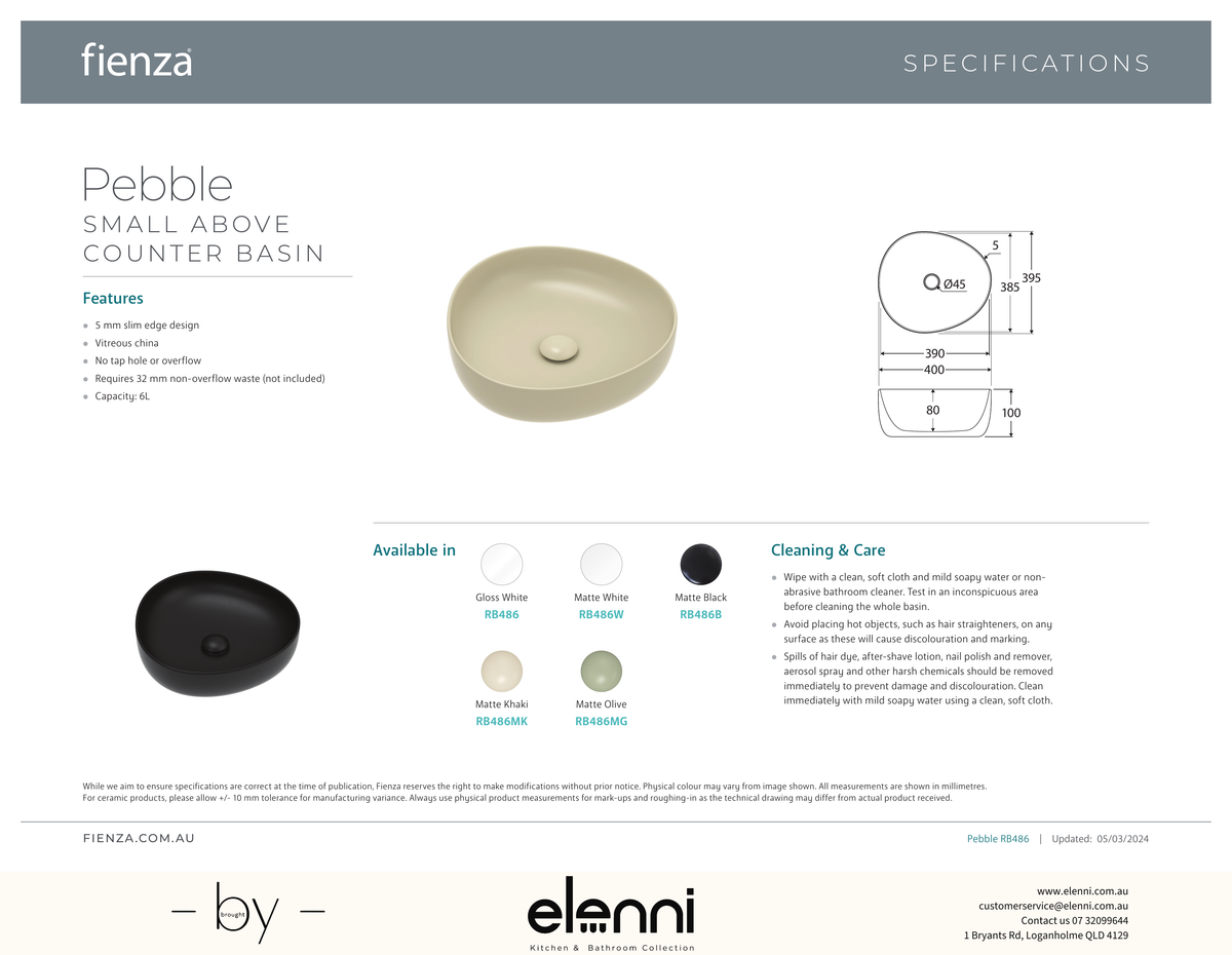 Pebble Small Above Counter Basin - Elenni specification drawing
