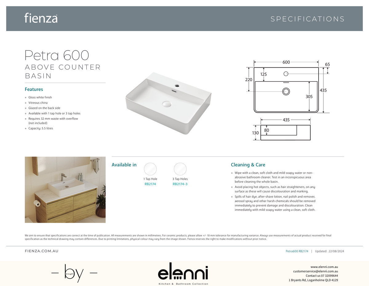 Petra 600 Above Counter Basin - Elenni specification drawing