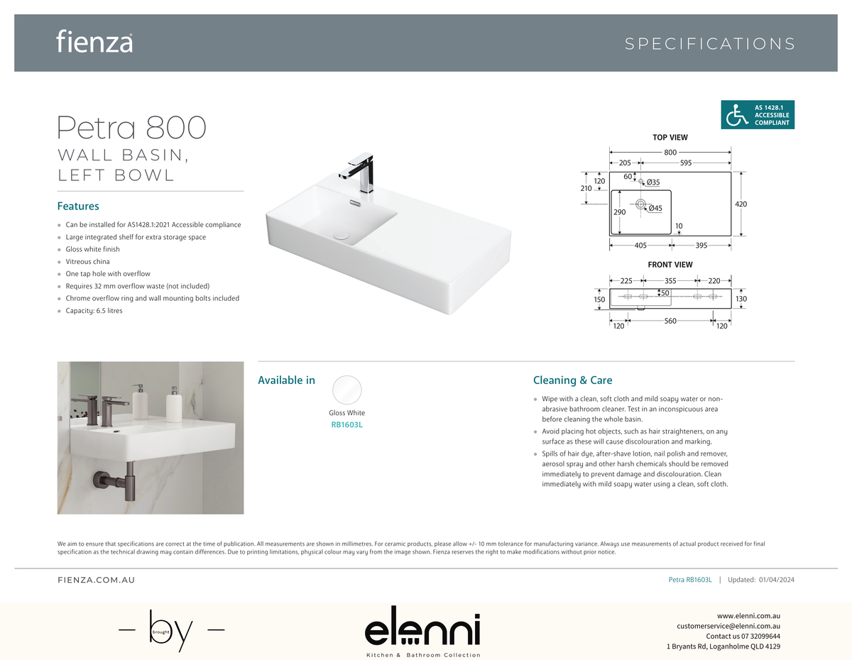 Petra 800 Left-Hand Wall Basin - Elenni specification drawing