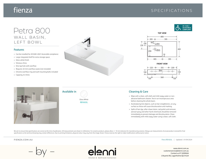 Petra 800 Left-Hand Wall Basin - Elenni specification drawing
