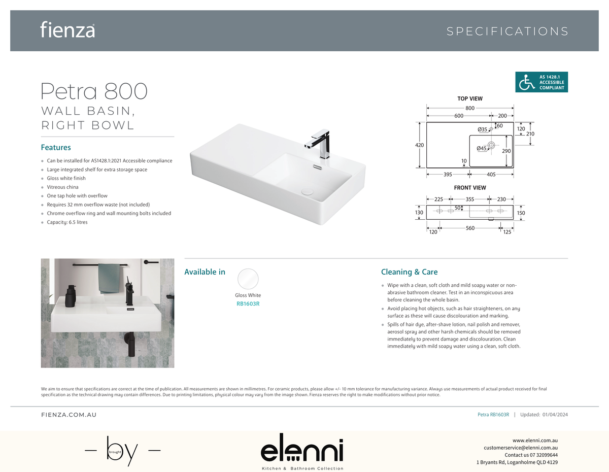 Petra 800 Right-Hand Wall Basin - Elenni specification drawing