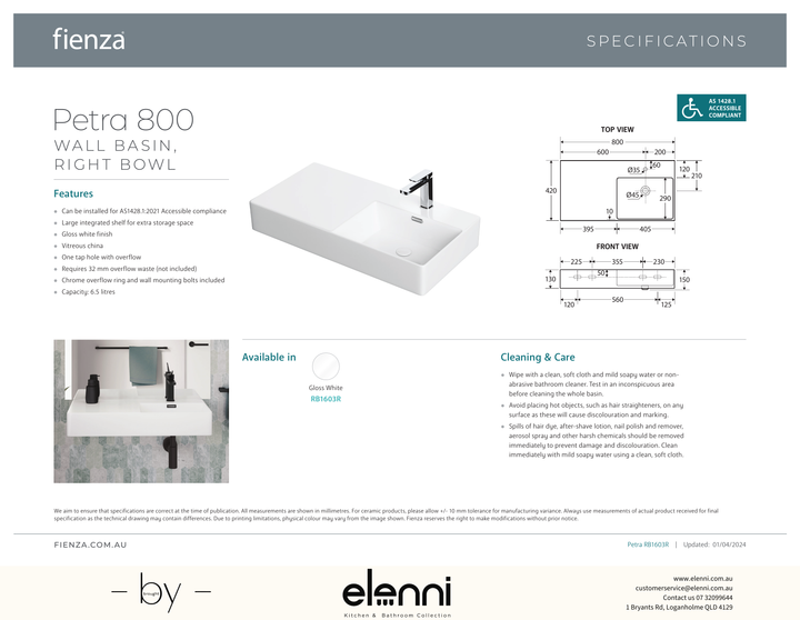 Petra 800 Right-Hand Wall Basin - Elenni specification drawing