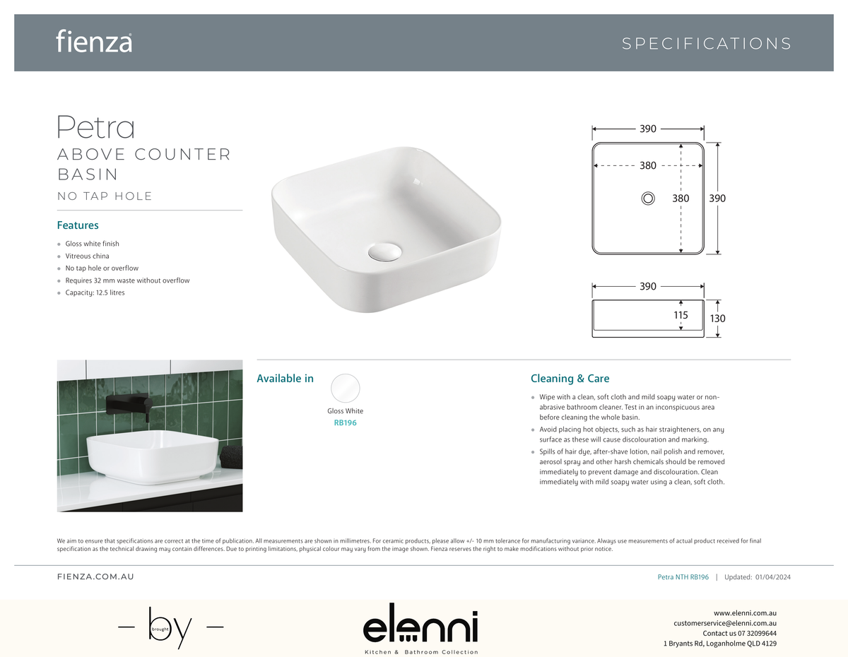 Petra Above Counter Basin - Elenni specification drawing