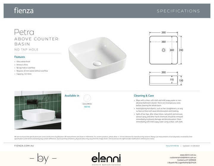 Petra Above Counter Basin - Elenni specification drawing