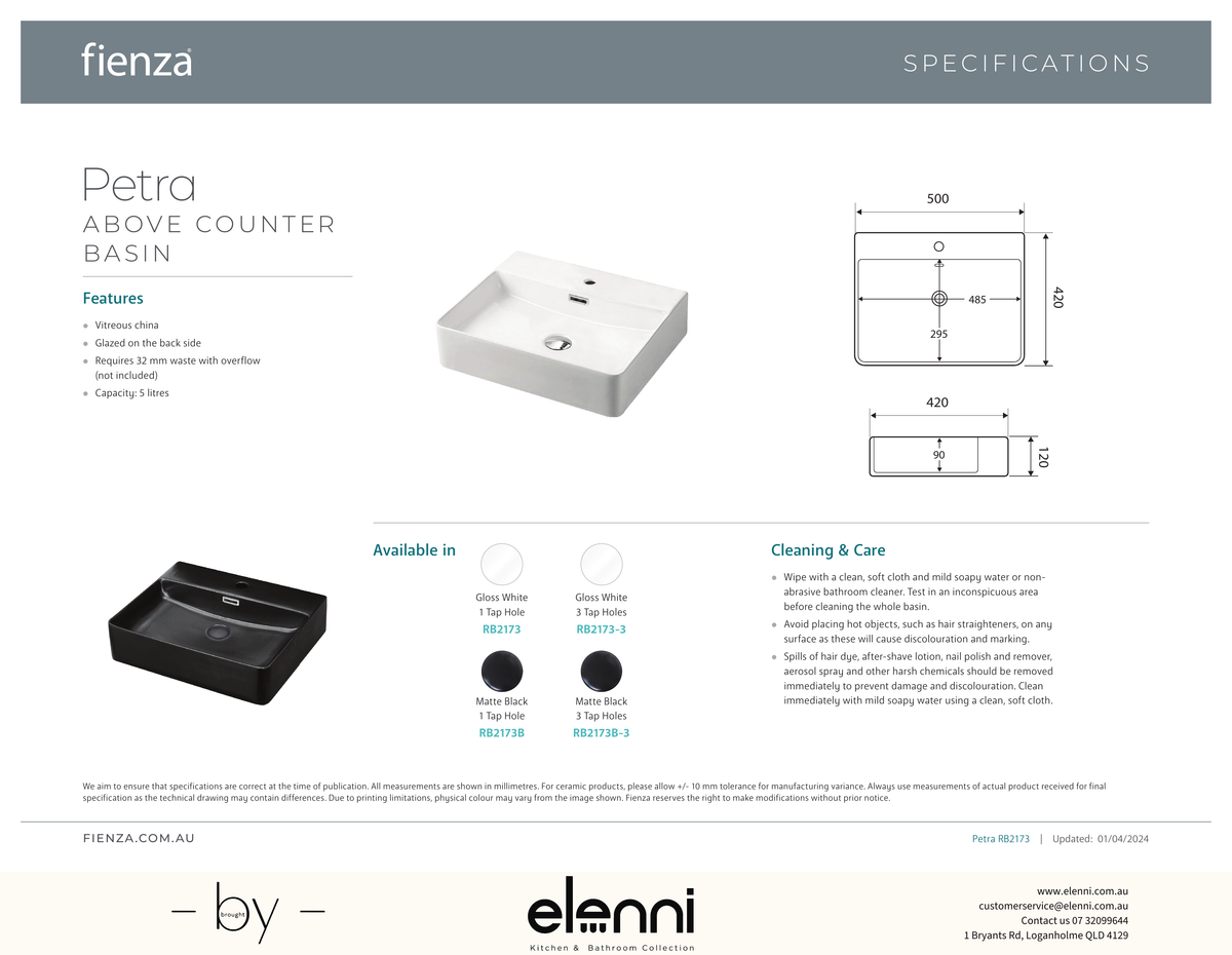 Petra Above Counter Basin - Elenni specification drawing