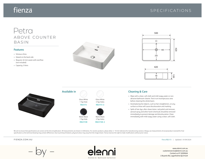Petra Above Counter Basin - Elenni specification drawing