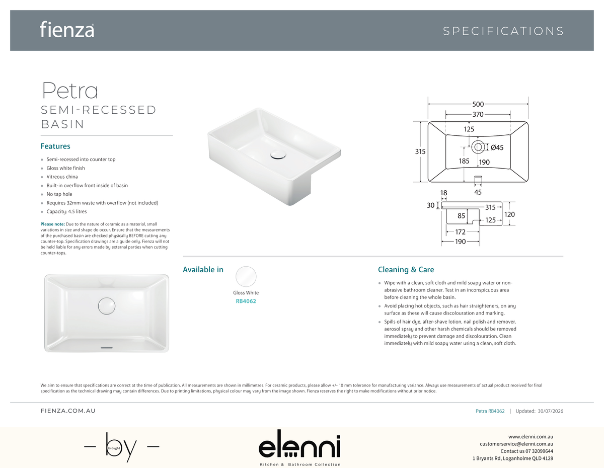 Petra Ceramic Semi-Recessed Basin - Elenni specification drawing