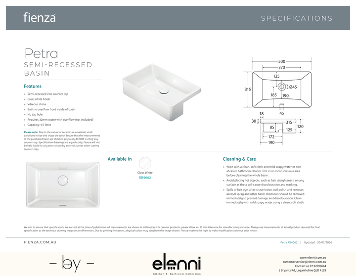 Petra Ceramic Semi-Recessed Basin - Elenni specification drawing