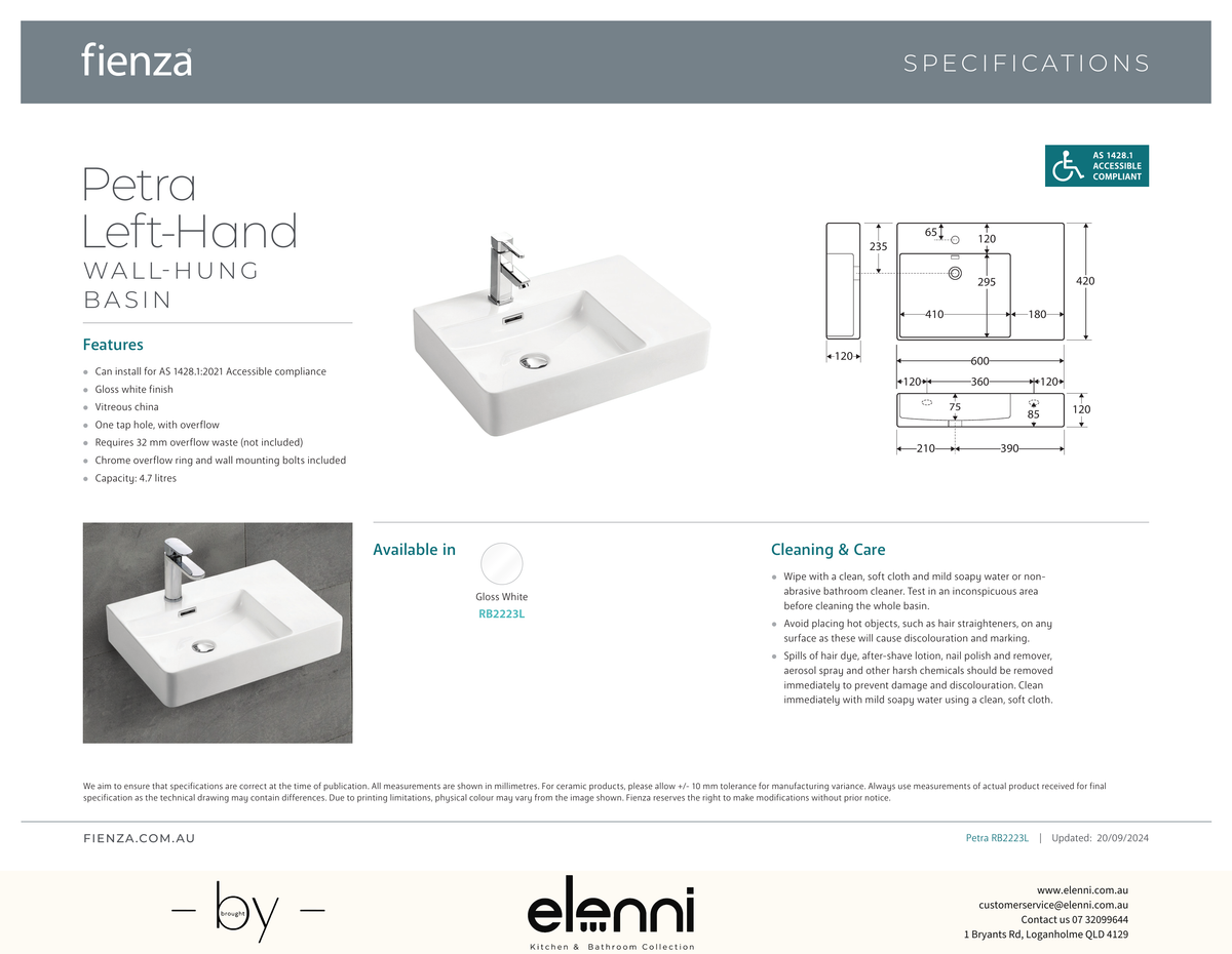 Petra Left-Hand Wall Basin - Elenni specification drawing