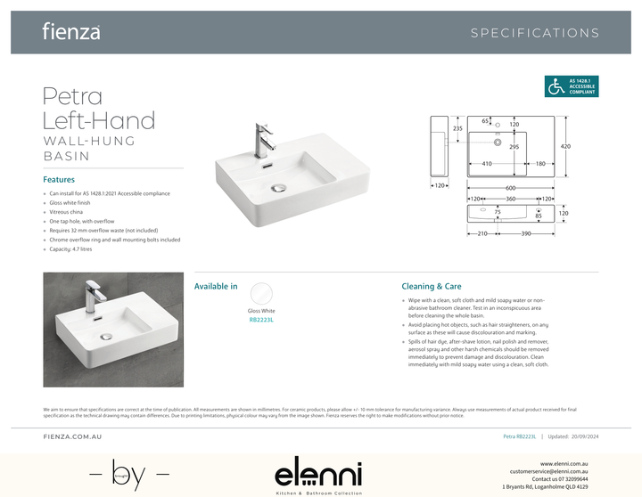 Petra Left-Hand Wall Basin - Elenni specification drawing