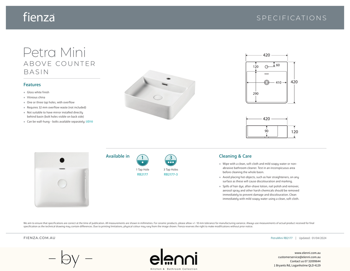 Petra Mini Above Counter Basin - Elenni specification drawing