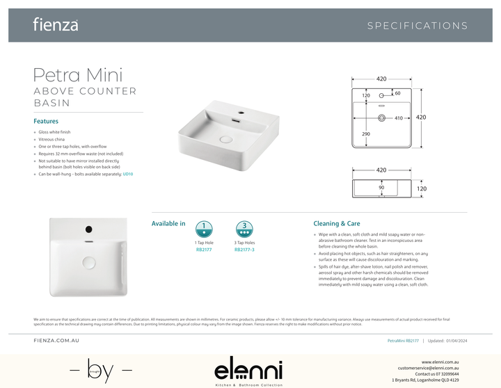 Petra Mini Above Counter Basin - Elenni specification drawing