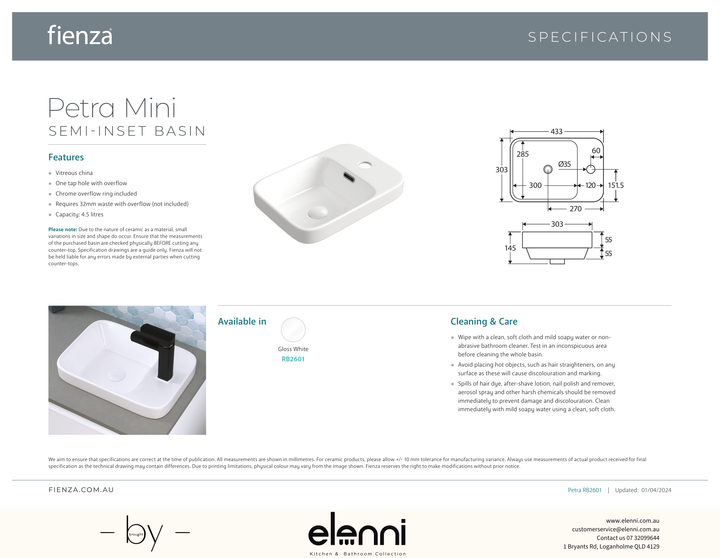 Petra Mini Semi-Inset Basin - Elenni specification drawing