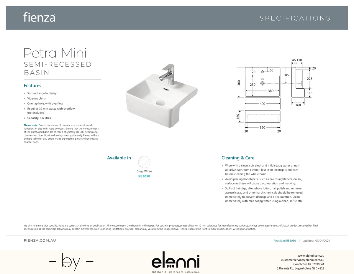 Petra Mini Semi-Recessed Basin - Elenni specification drawing