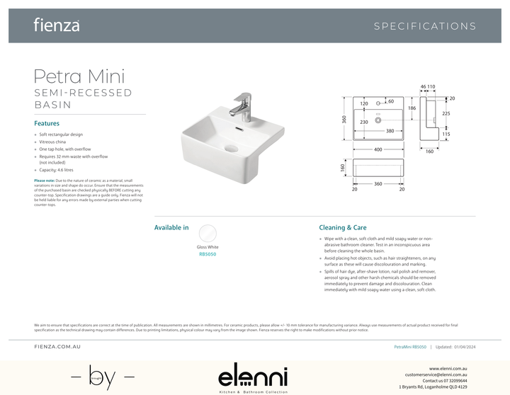 Petra Mini Semi-Recessed Basin - Elenni specification drawing