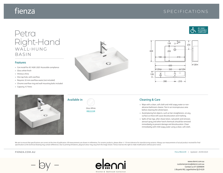 Petra Right-Hand Wall Basin - Elenni specification drawing