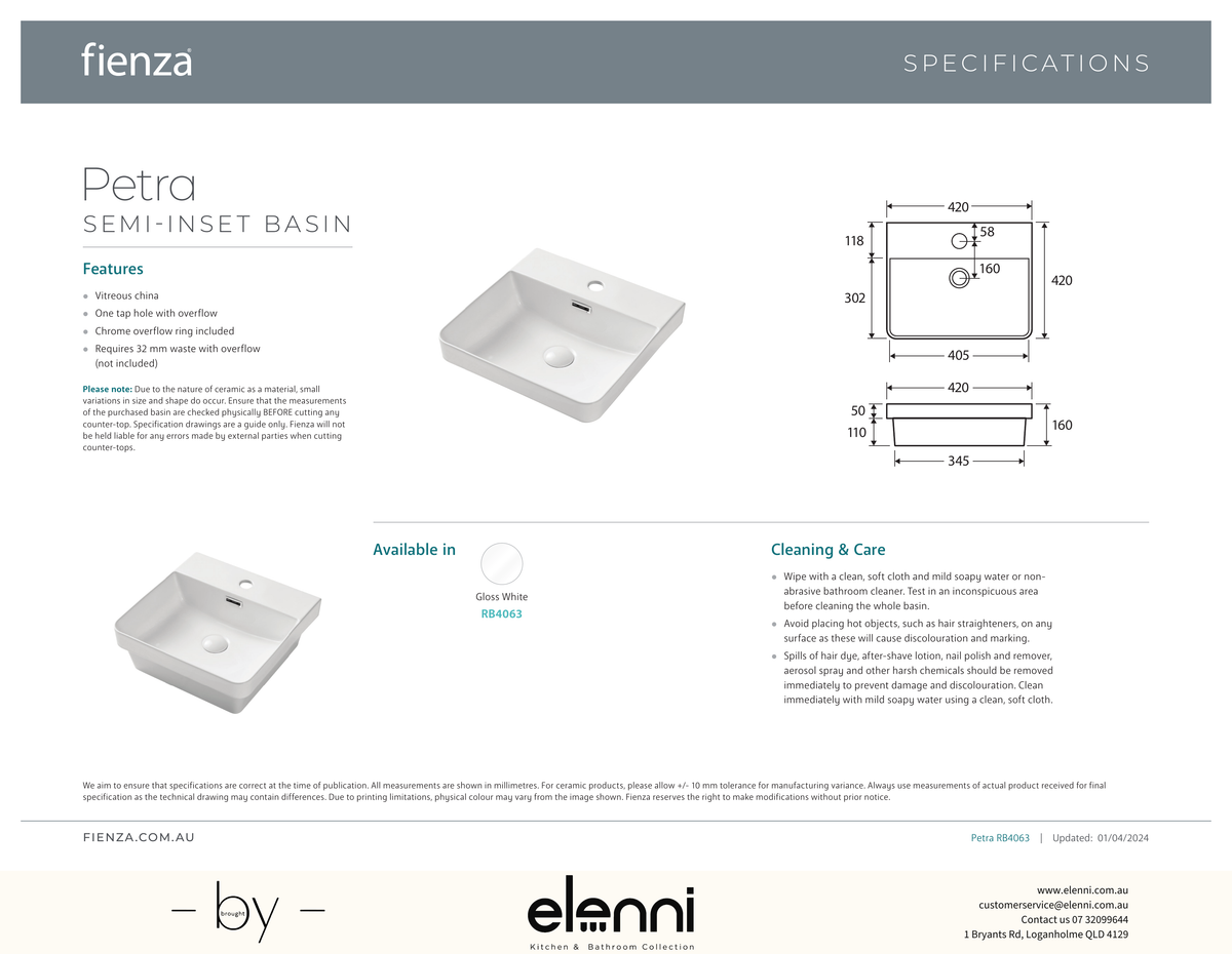 Petra Semi-Inset Basin - Elenni specification drawing